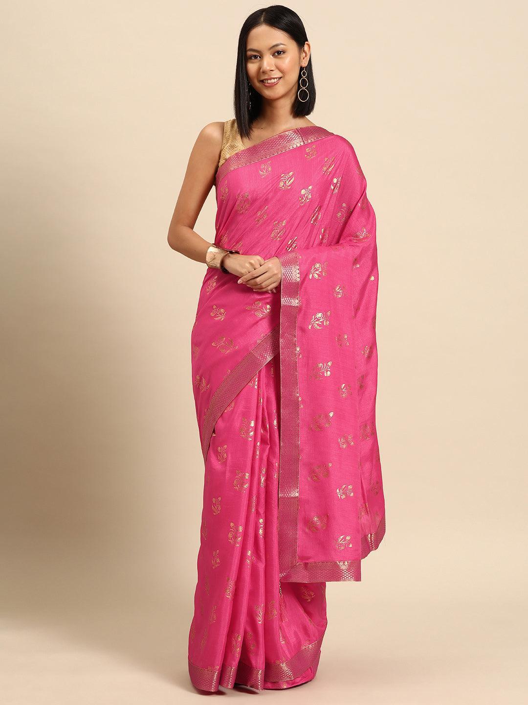 Pink Printed Silk Blend Saree