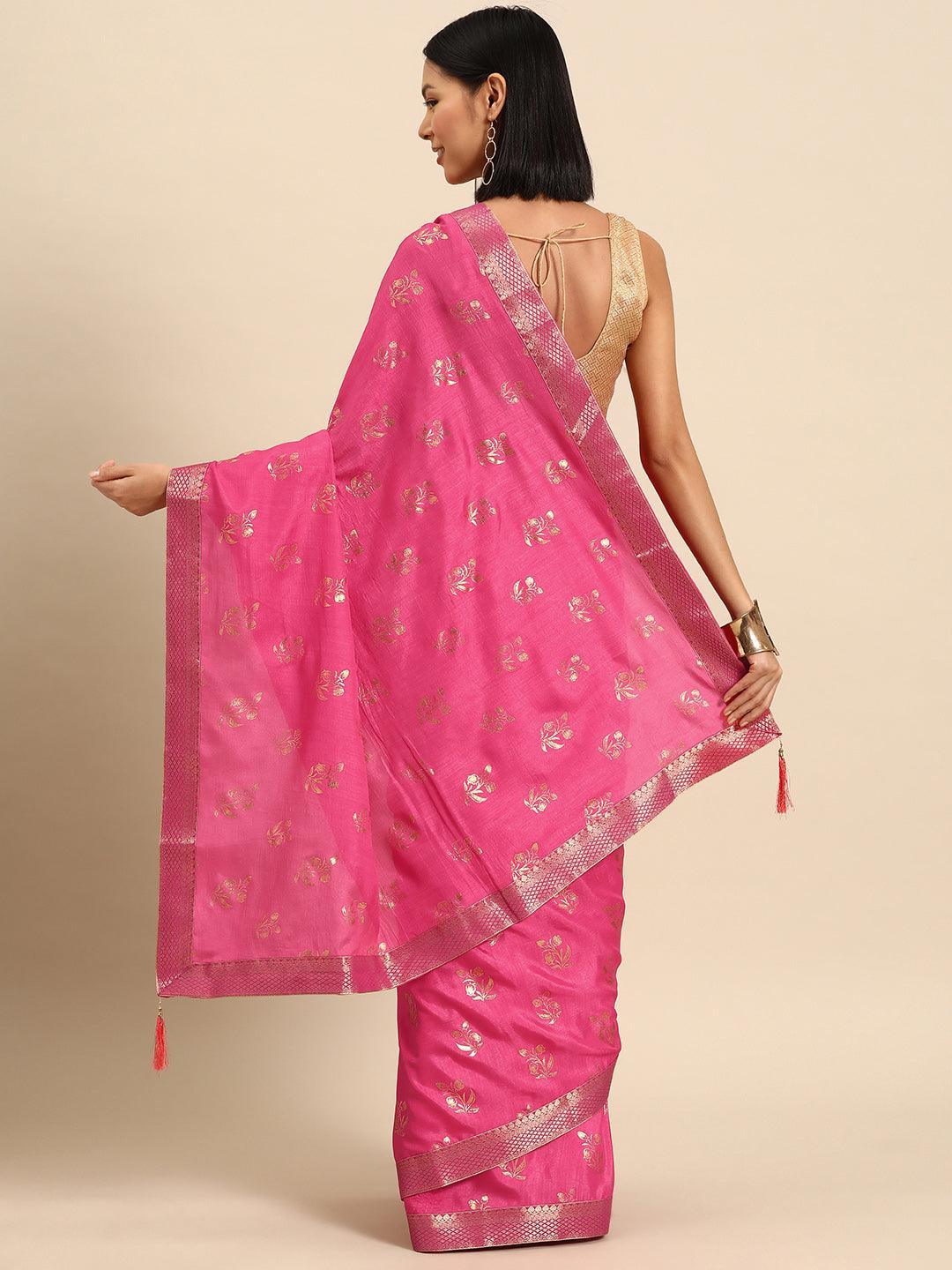 Pink Printed Silk Blend Saree