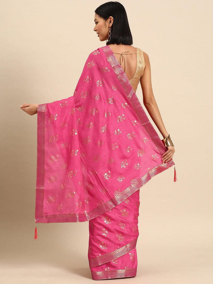 Pink Printed Silk Blend Saree - Libas