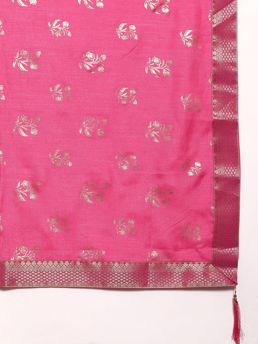 Pink Printed Silk Blend Saree