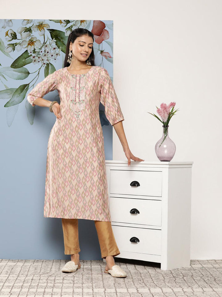 Pink Embroidered Silk Blend Straight Kurta - Libas