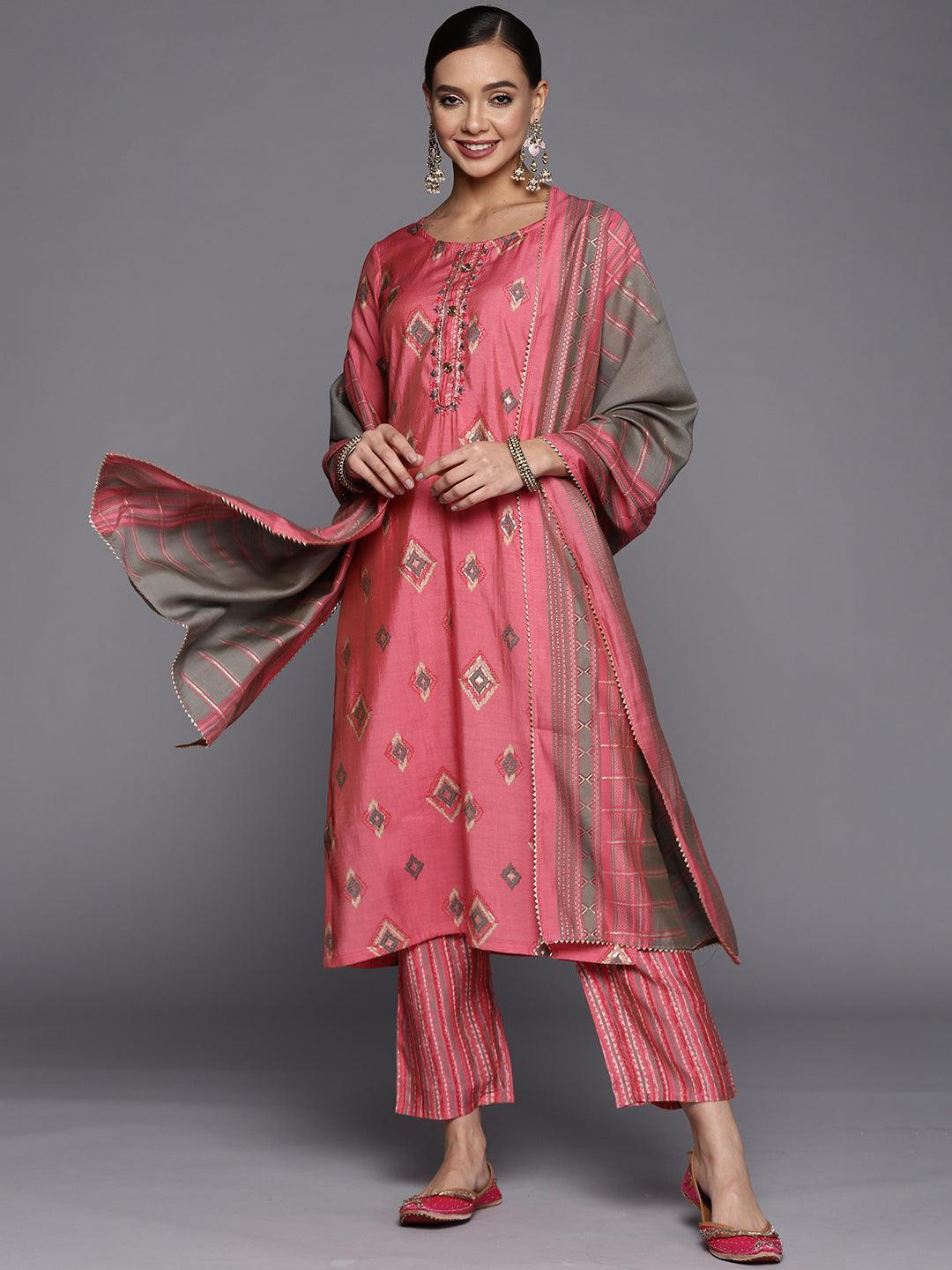 Pink Printed Silk Blend Straight Suit Set