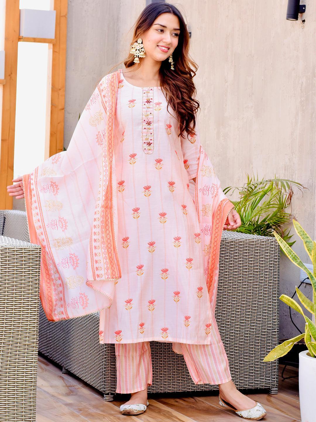 Pink Printed Silk Blend Straight Suit Set