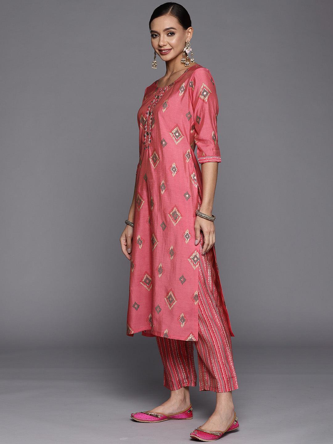 Pink Printed Silk Blend Straight Suit Set