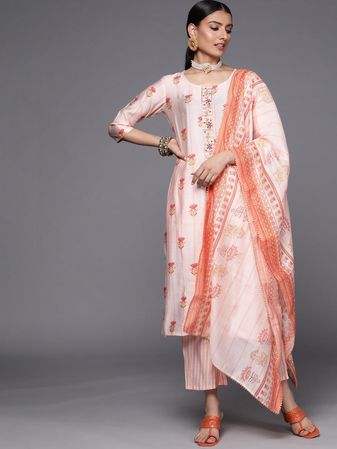 Pink Printed Silk Blend Straight Suit Set