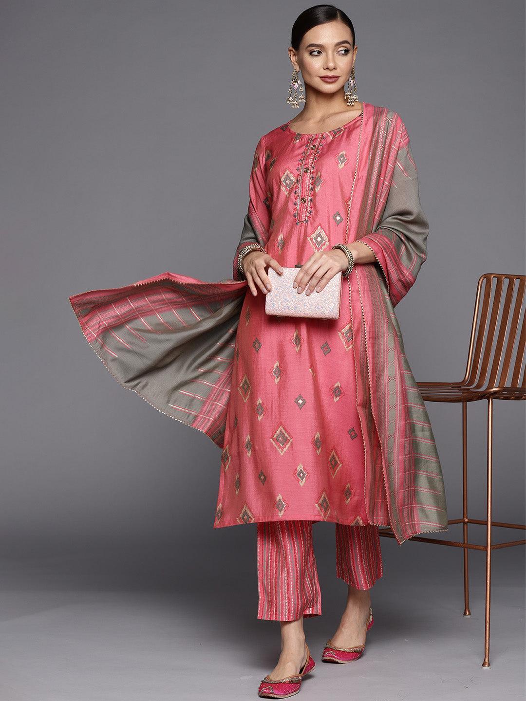 Pink Printed Silk Blend Straight Suit Set