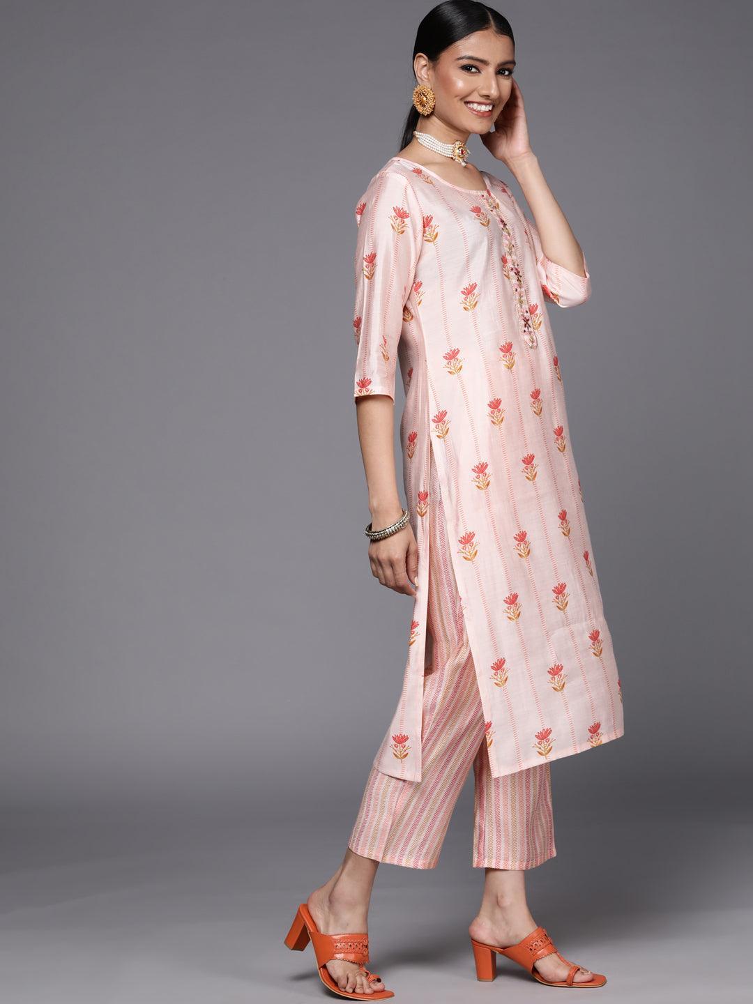 Pink Printed Silk Blend Straight Suit Set