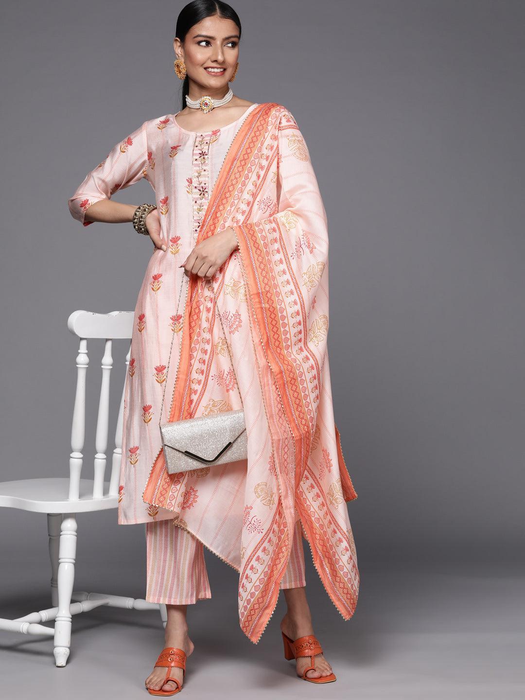 Pink Printed Silk Blend Straight Suit Set