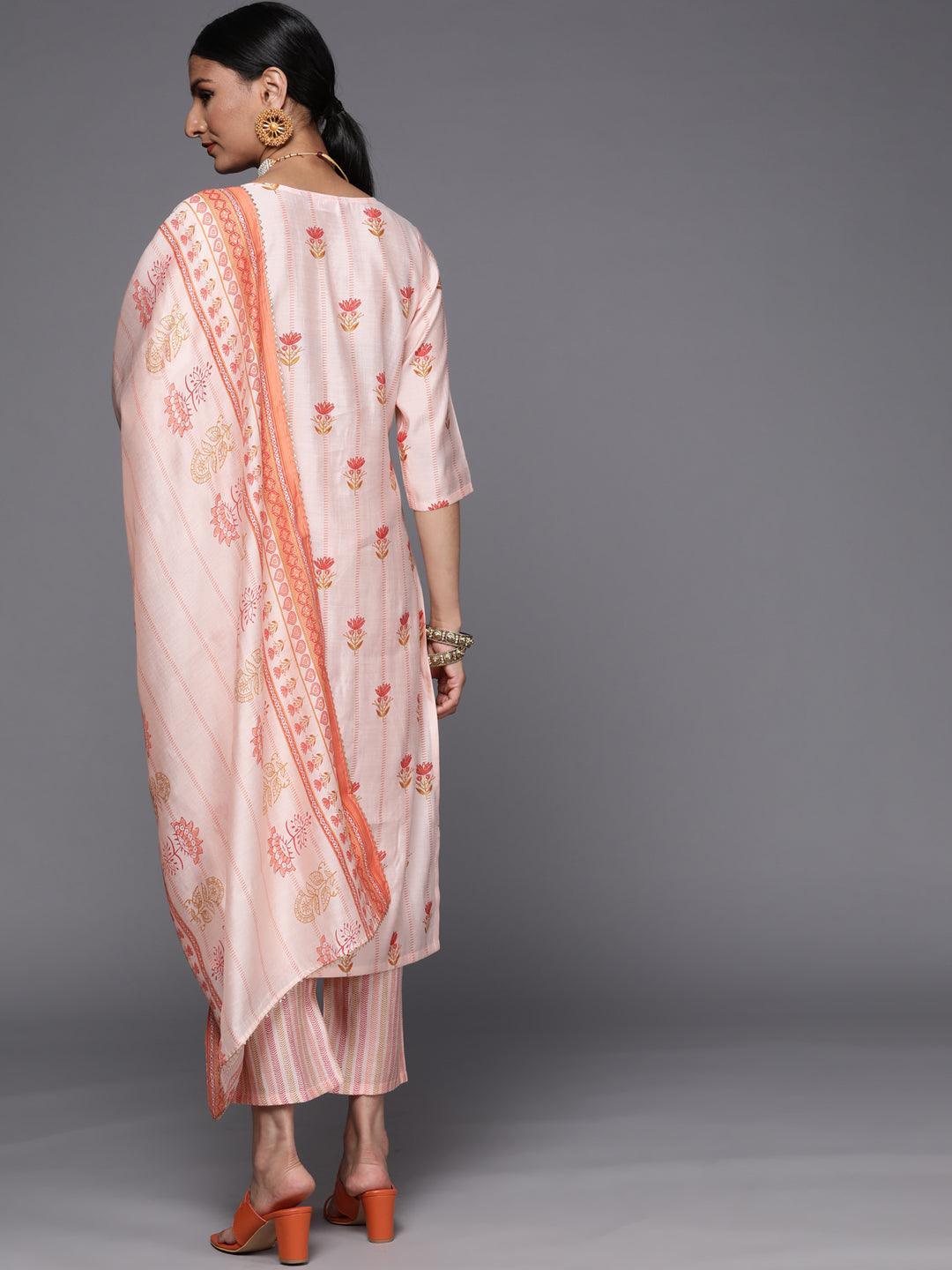 Pink Printed Silk Blend Straight Suit Set