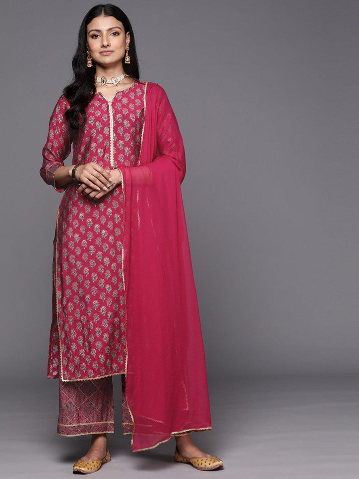 Pink Printed Silk Blend Straight Suit Set With Palazzos - ShopLibas