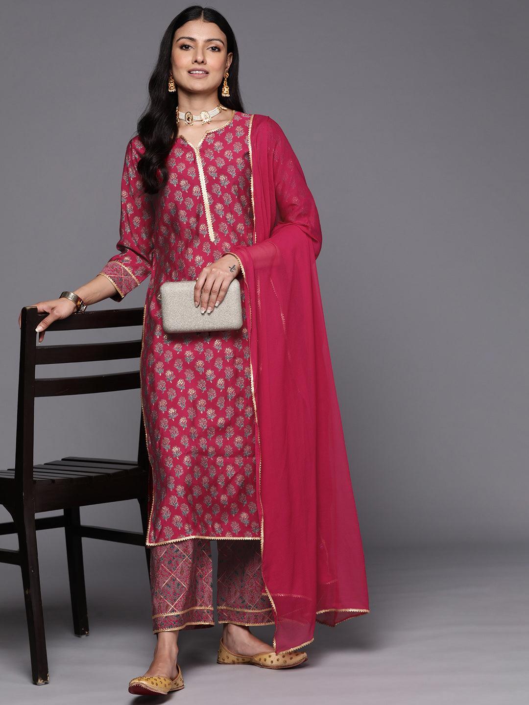 Pink Printed Silk Blend Straight Suit Set With Palazzos - ShopLibas