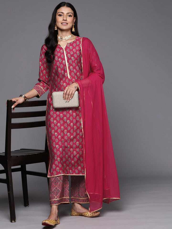 Pink Printed Silk Blend Straight Suit Set With Palazzos - ShopLibas