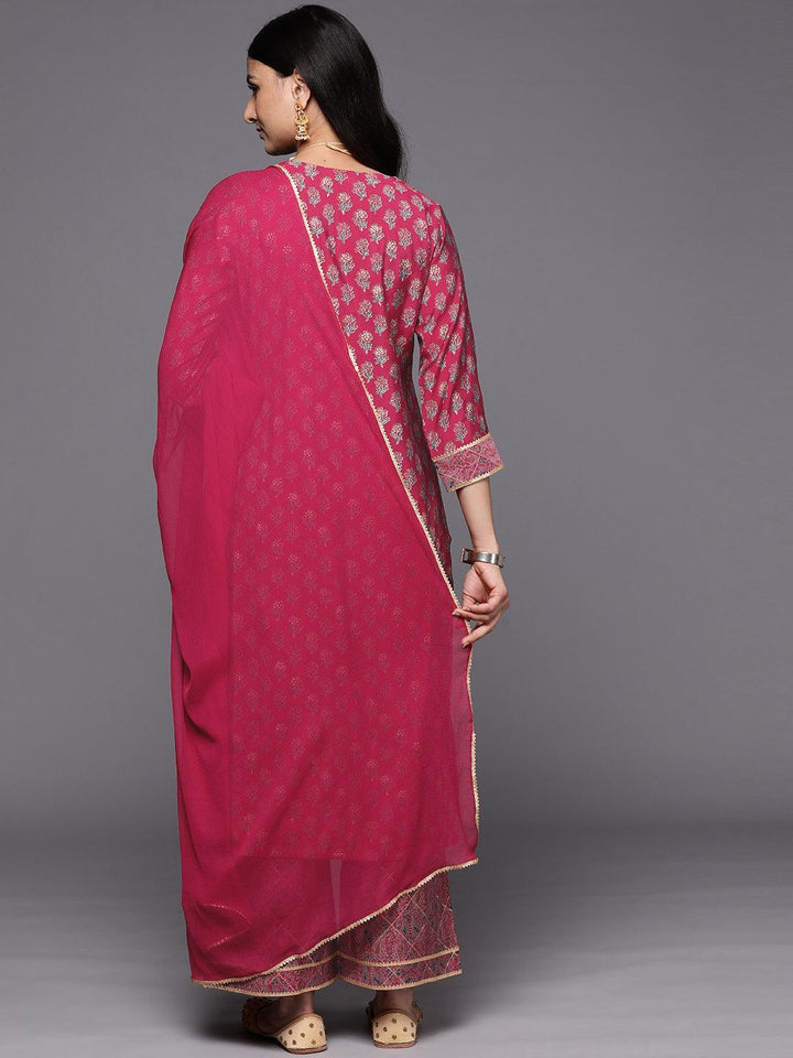 Pink Printed Silk Blend Straight Suit Set With Palazzos - ShopLibas