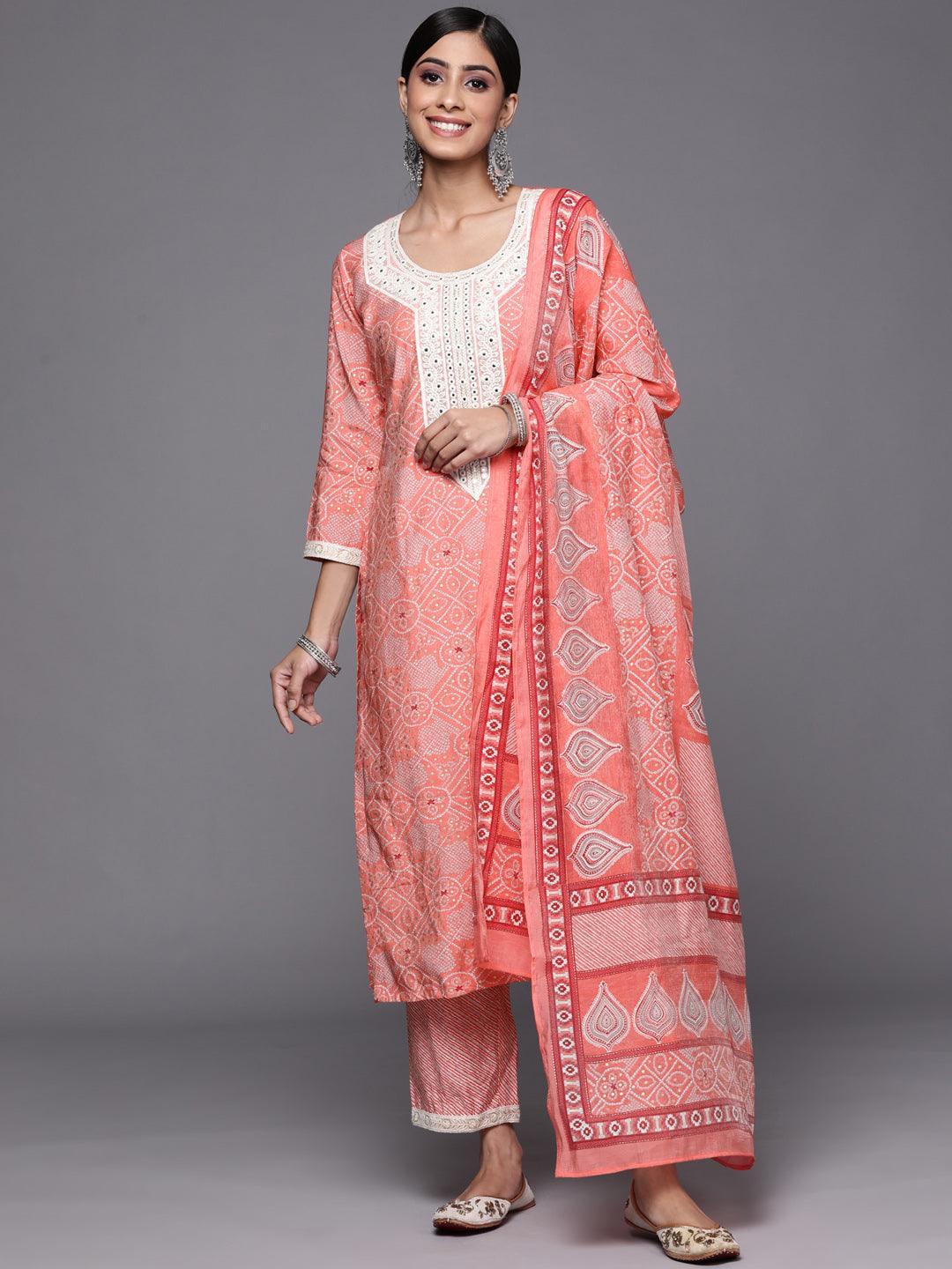 Pink Printed Silk Blend Straight Suit Set