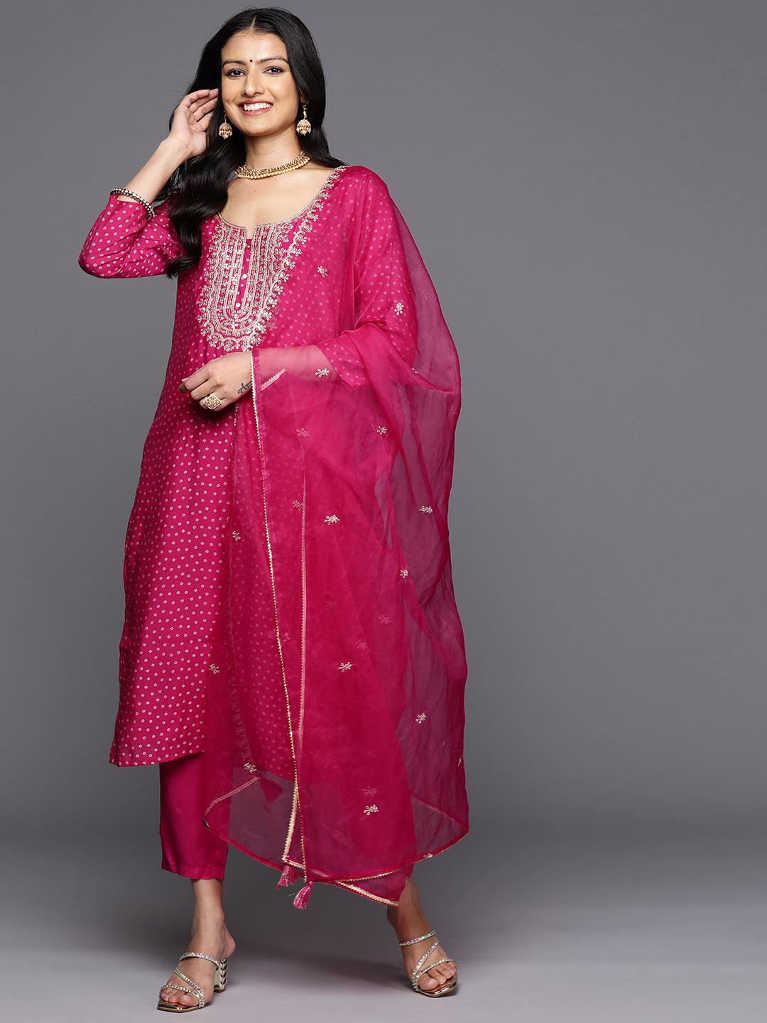 Pink Printed Silk Blend Straight Kurta With Trousers & Dupatta - Libas