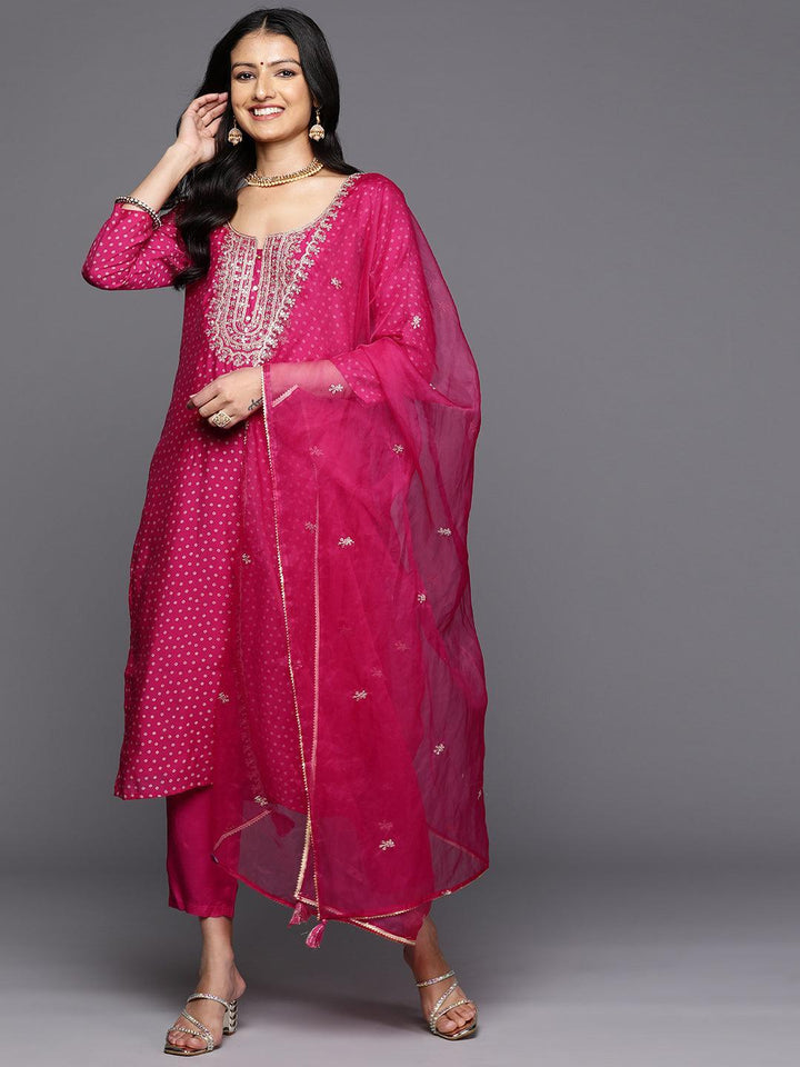 Pink Printed Silk Blend Straight Kurta With Trousers & Dupatta - Libas