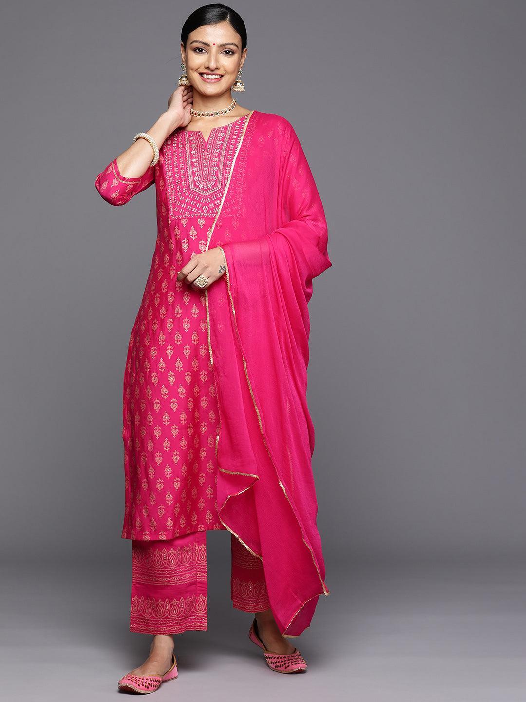 Pink Printed Silk Blend Straight Kurta With Trousers & Dupatta