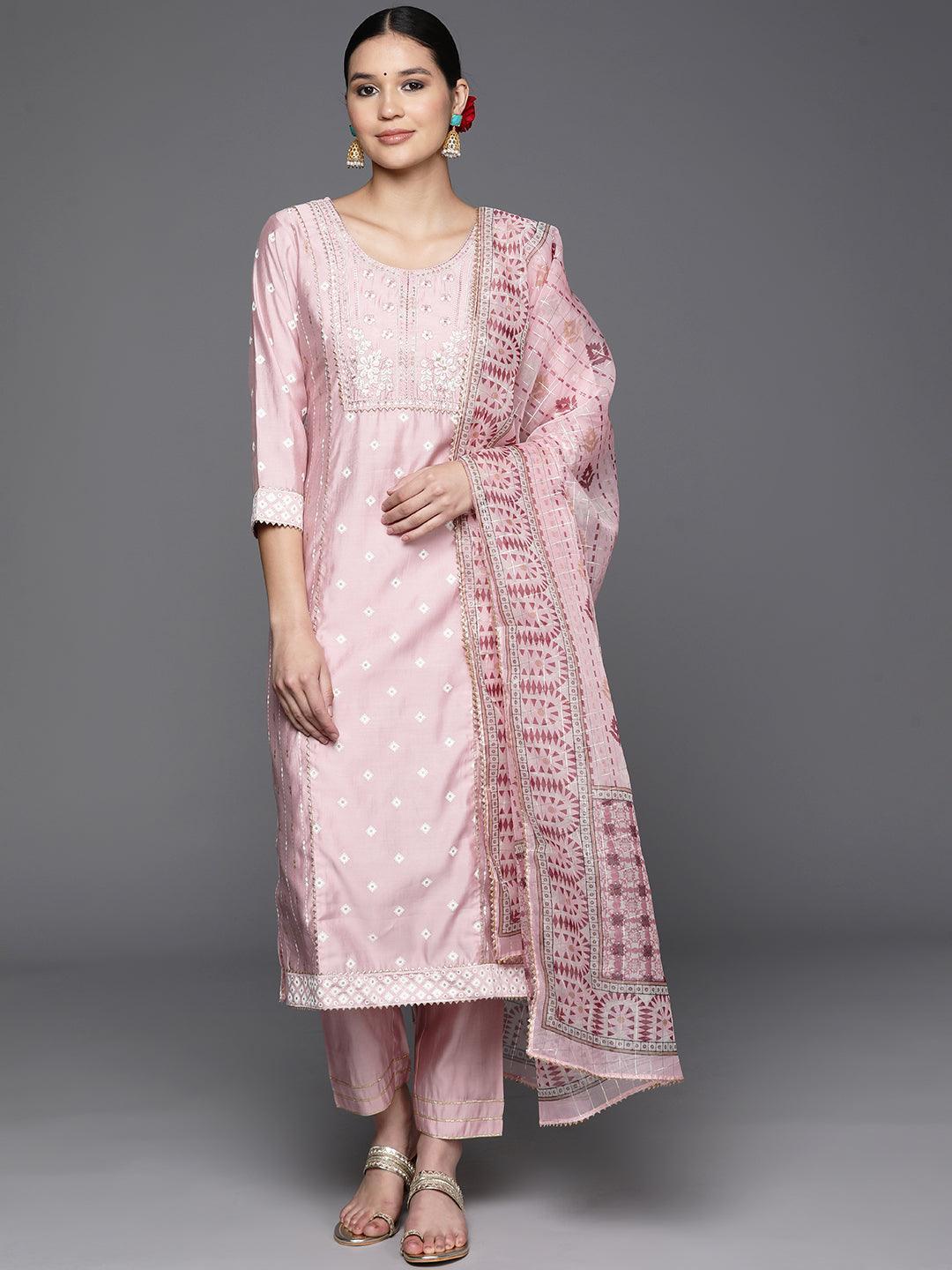 Pink Printed Silk Blend Straight Kurta With Trousers & Dupatta - Libas