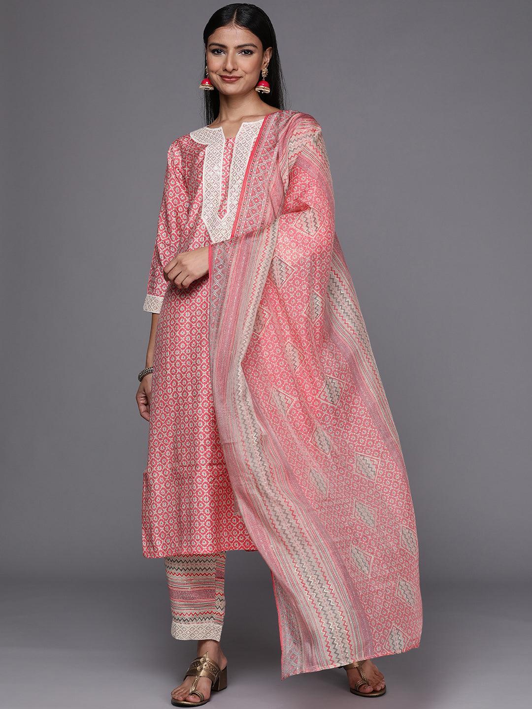 Pink Printed Silk Blend Straight Suit Set