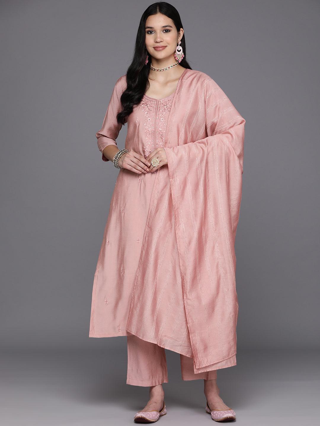 Pink Printed Silk Blend Straight Kurta With Trousers & Dupatta