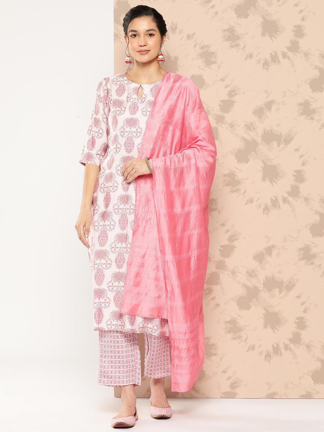 Pink Printed Silk Blend Straight Kurta With Trousers and Dupatta - Libas