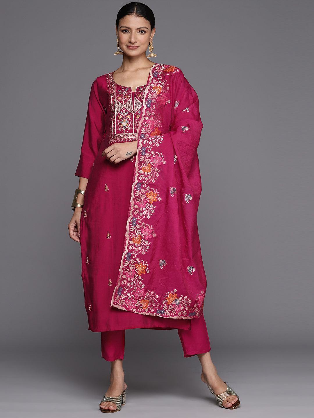 Pink Printed Silk Blend Straight Kurta With Trousers & Dupatta