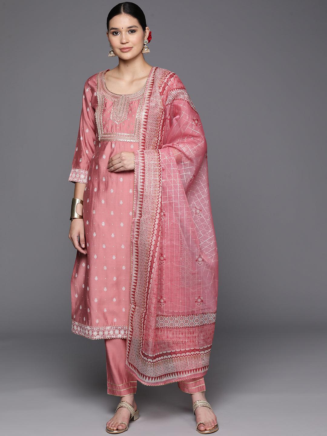 Pink Printed Silk Blend Straight Kurta With Trousers & Dupatta - Libas