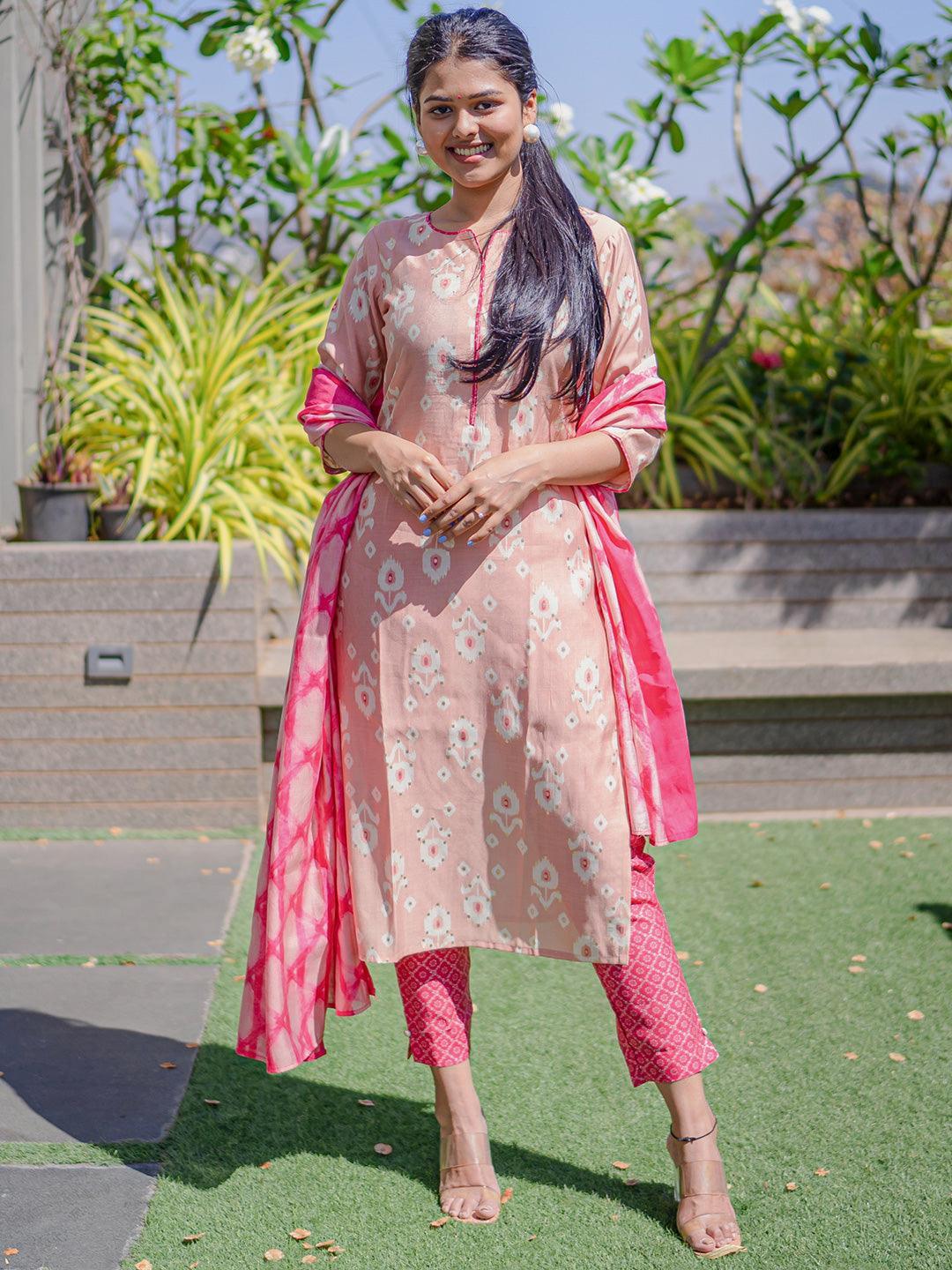 Pink Printed Silk Blend Straight Suit Set With Trousers