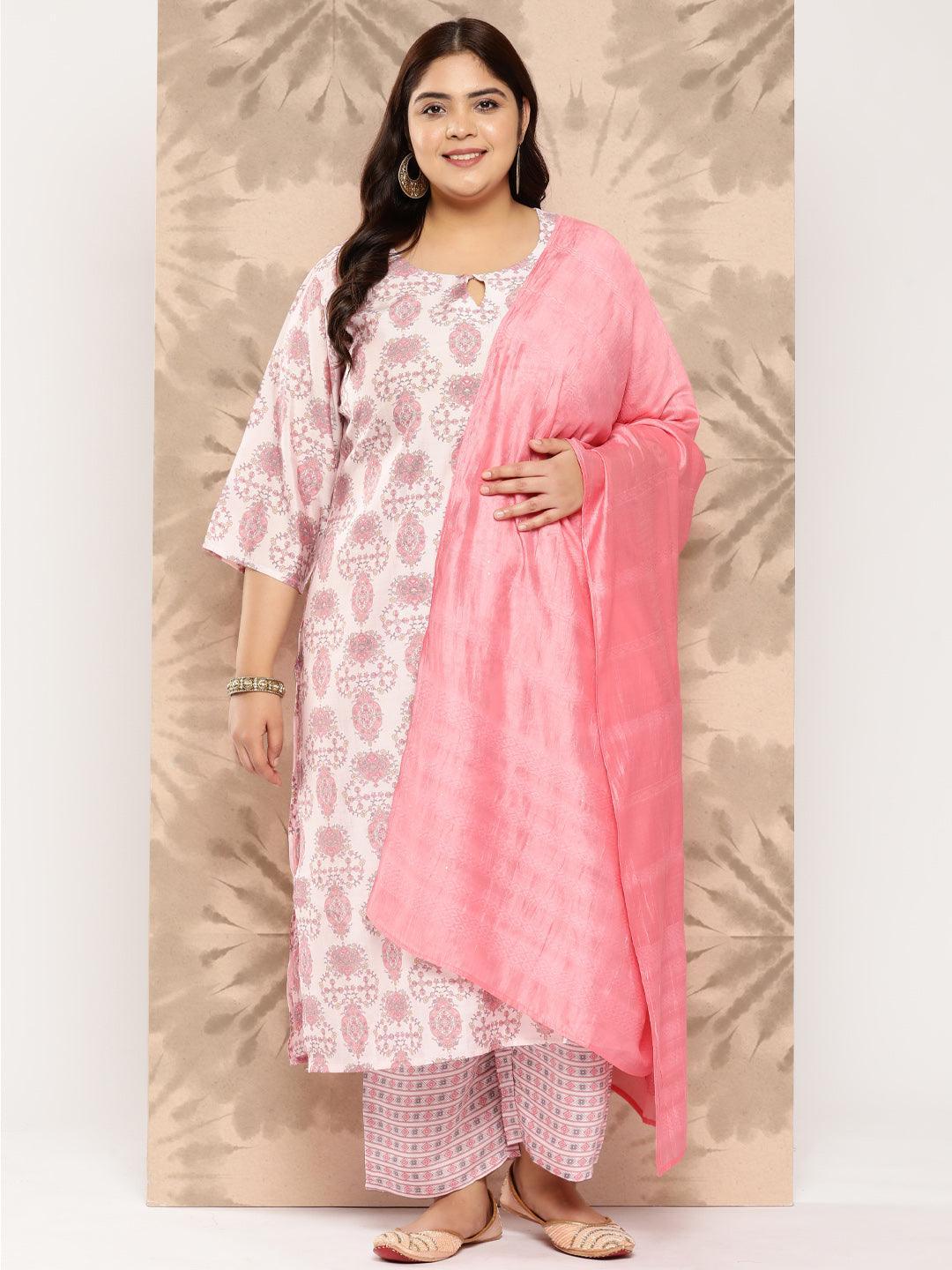 Pink Printed Silk Blend Straight Kurta With Trousers and Dupatta