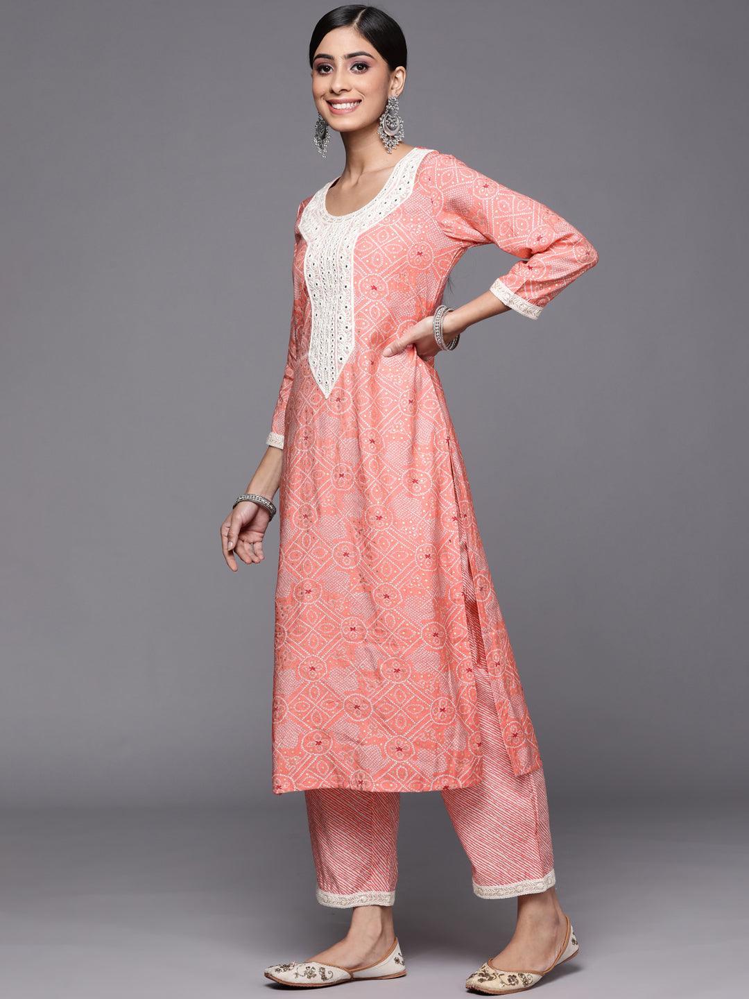 Pink Printed Silk Blend Straight Suit Set