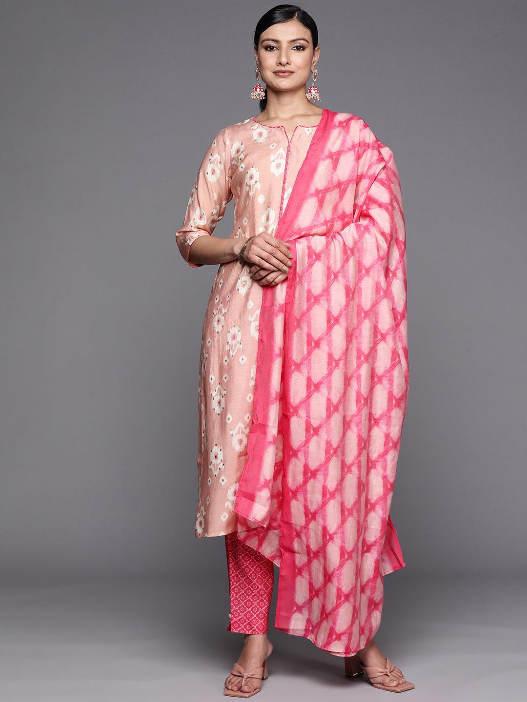 Pink Printed Silk Blend Straight Suit Set With Trousers