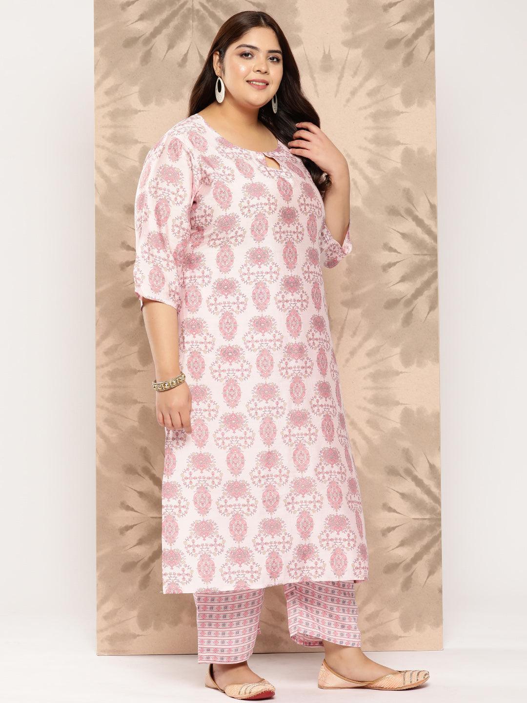 Pink Printed Silk Blend Straight Kurta With Trousers and Dupatta