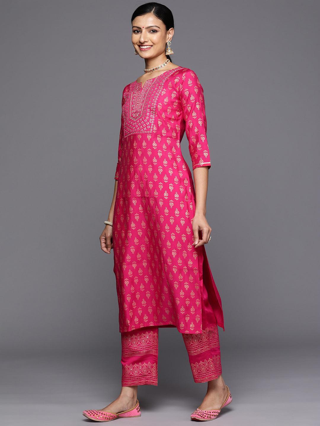 Pink Printed Silk Blend Straight Kurta With Trousers & Dupatta