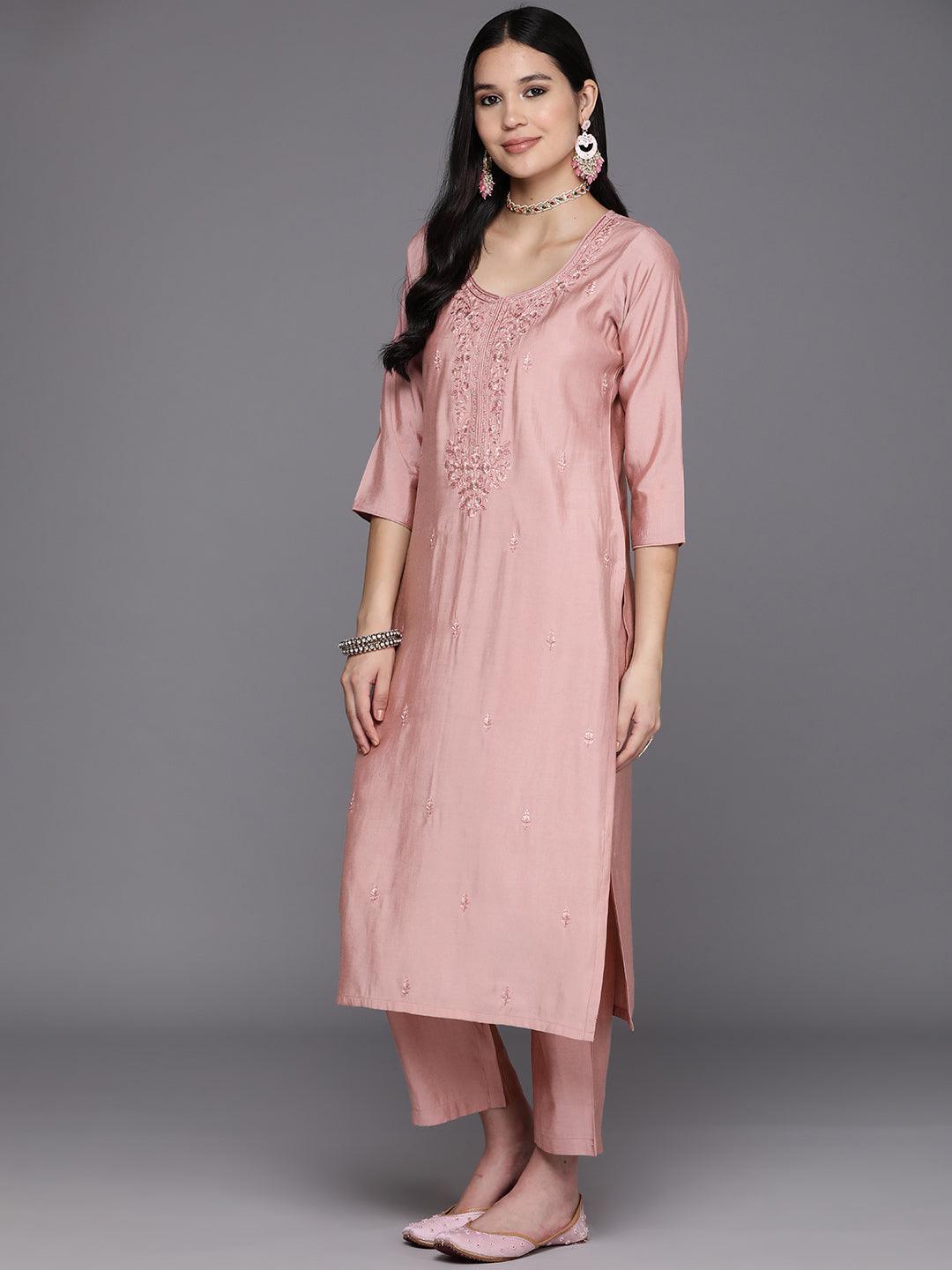 Pink Printed Silk Blend Straight Kurta With Trousers & Dupatta - Libas