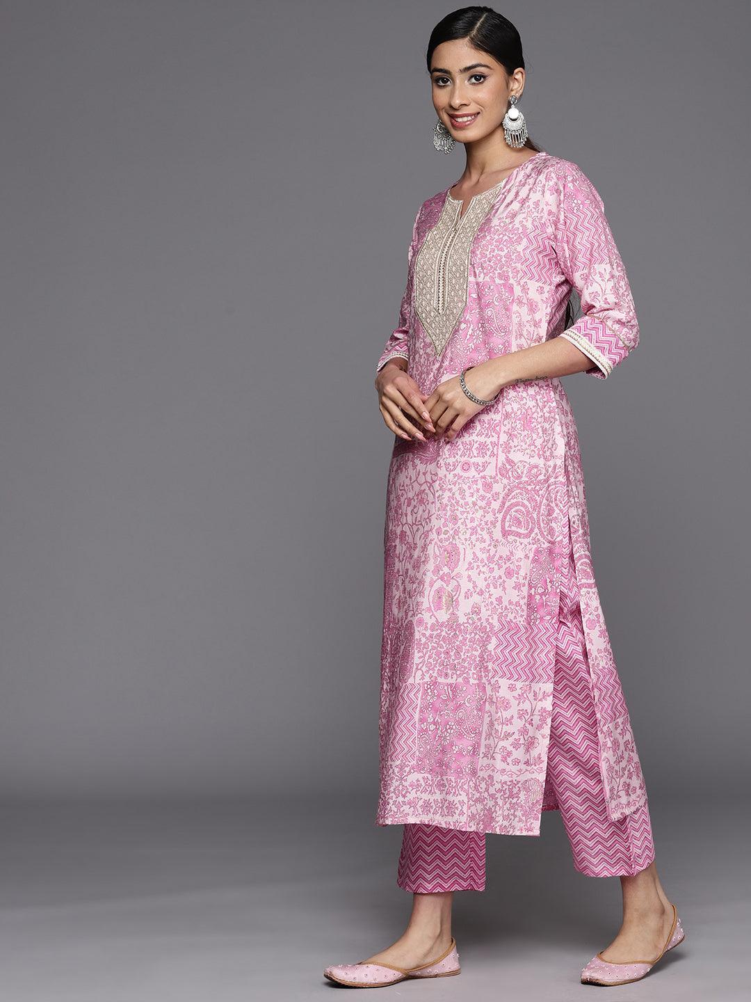 Pink Printed Silk Blend Straight Kurta With Trousers & Dupatta