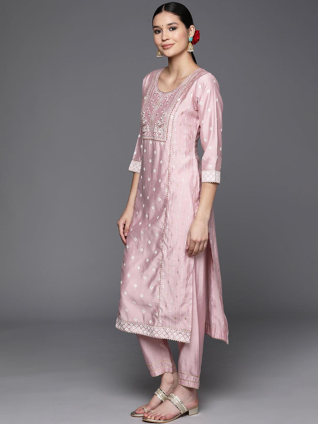 Pink Printed Silk Blend Straight Kurta With Trousers & Dupatta