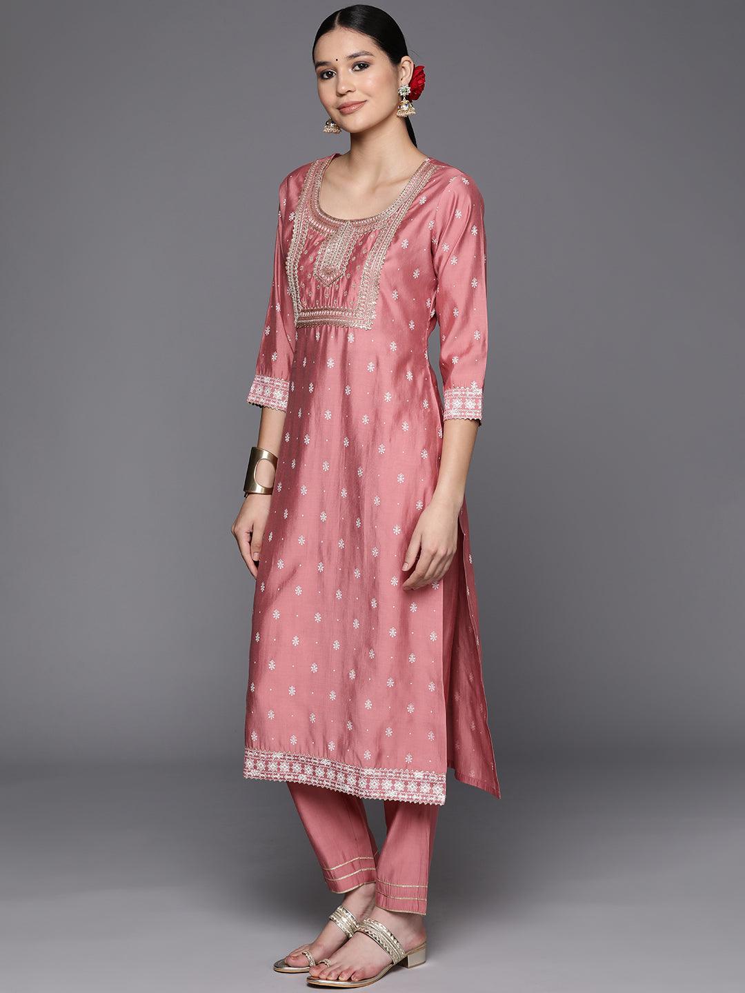 Pink Printed Silk Blend Straight Kurta With Trousers & Dupatta