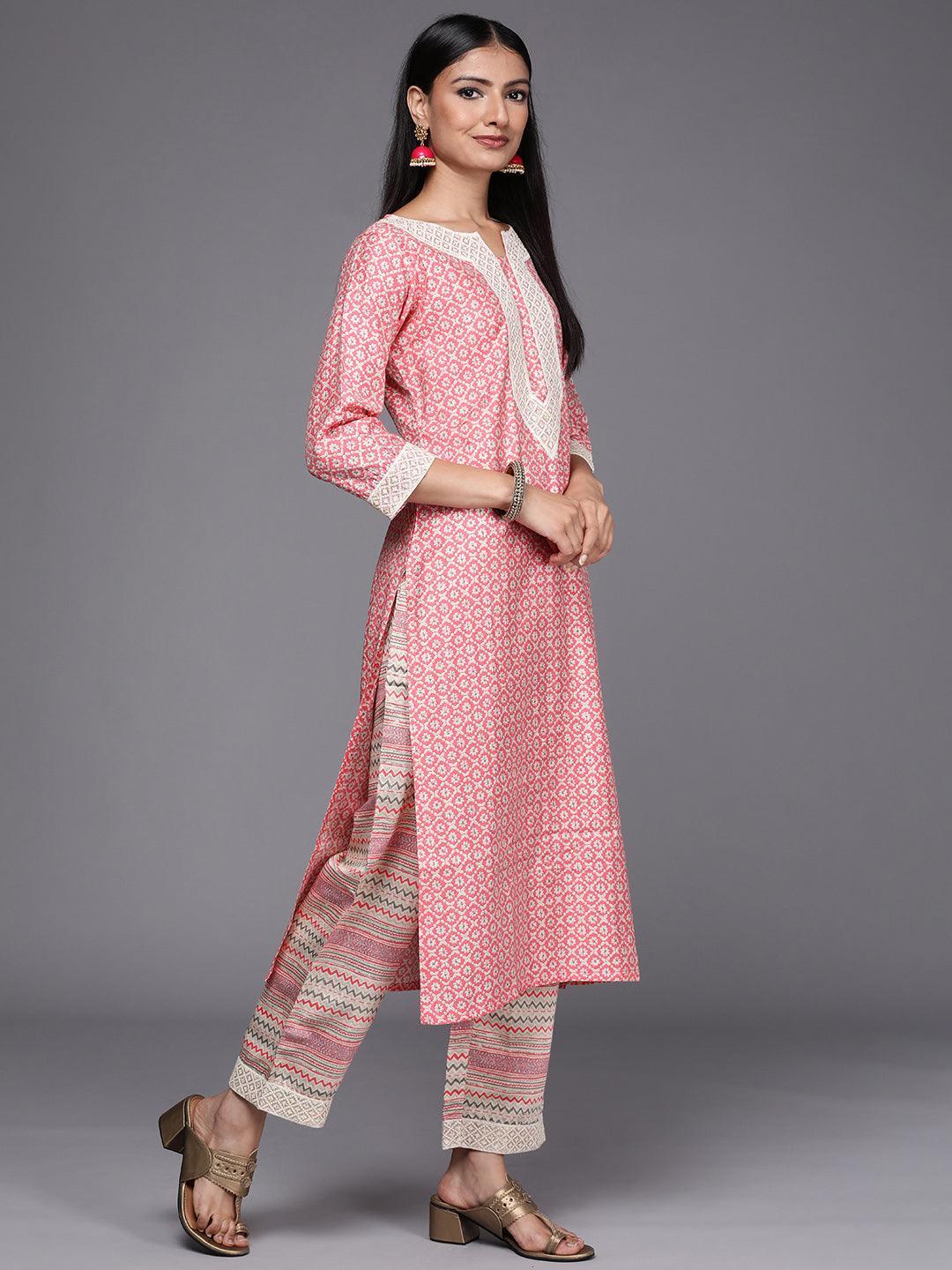 Pink Printed Silk Blend Straight Suit Set