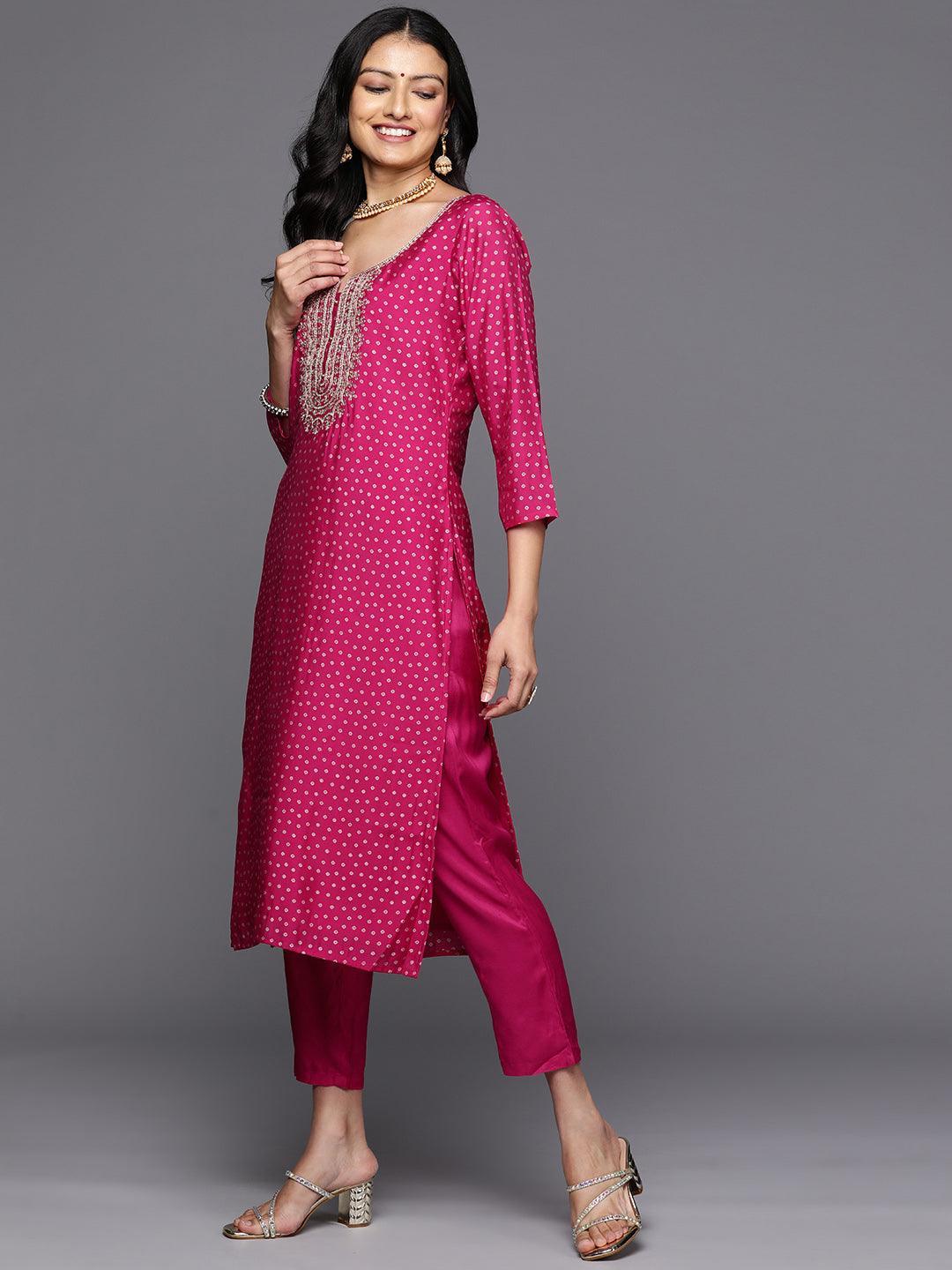 Pink Printed Silk Blend Straight Kurta With Trousers & Dupatta - Libas