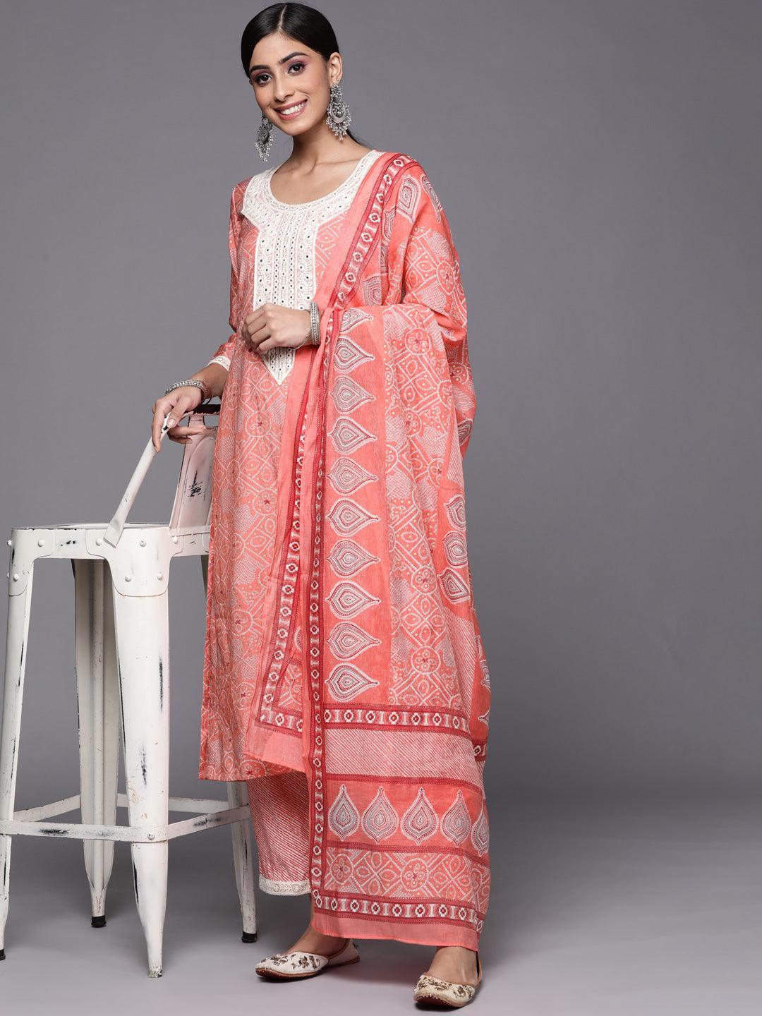 Pink Printed Silk Blend Straight Suit Set