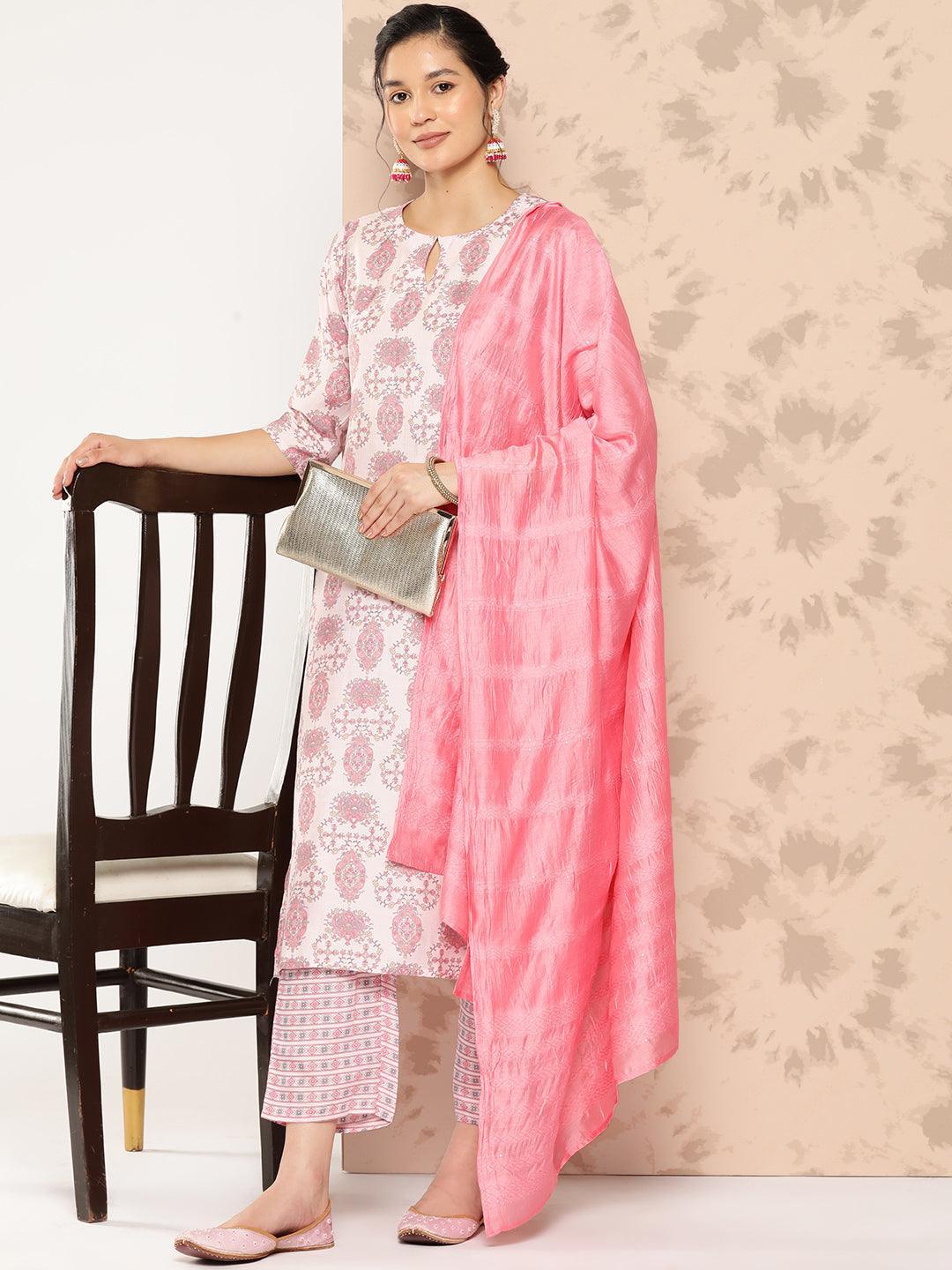 Pink Printed Silk Blend Straight Kurta With Trousers and Dupatta - Libas