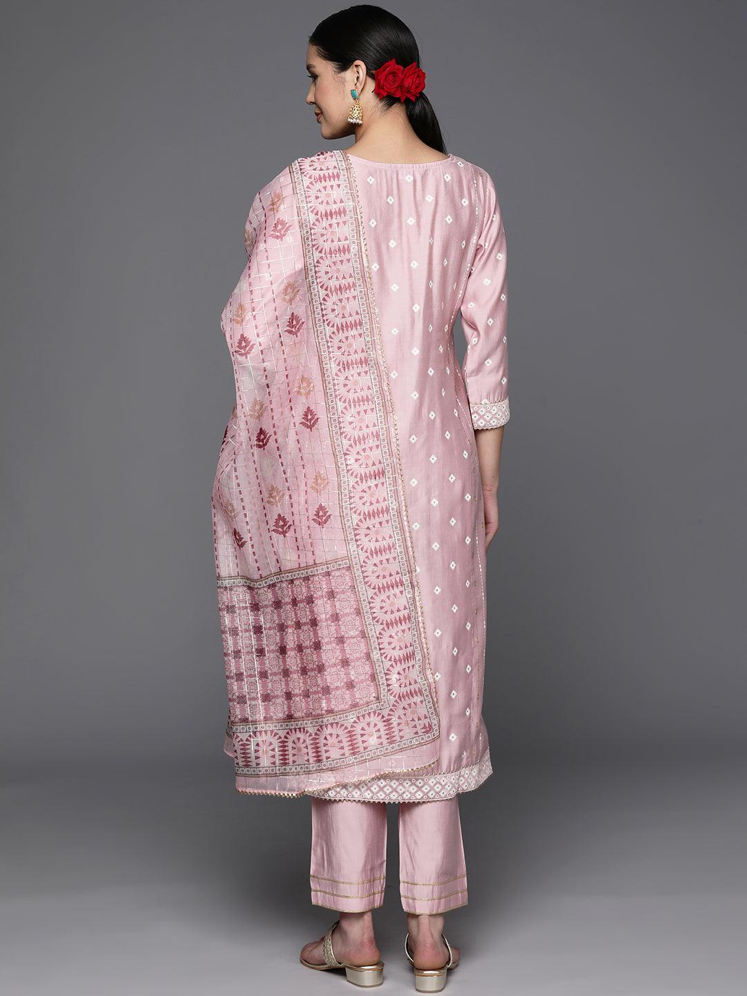 Pink Printed Silk Blend Straight Kurta With Trousers & Dupatta