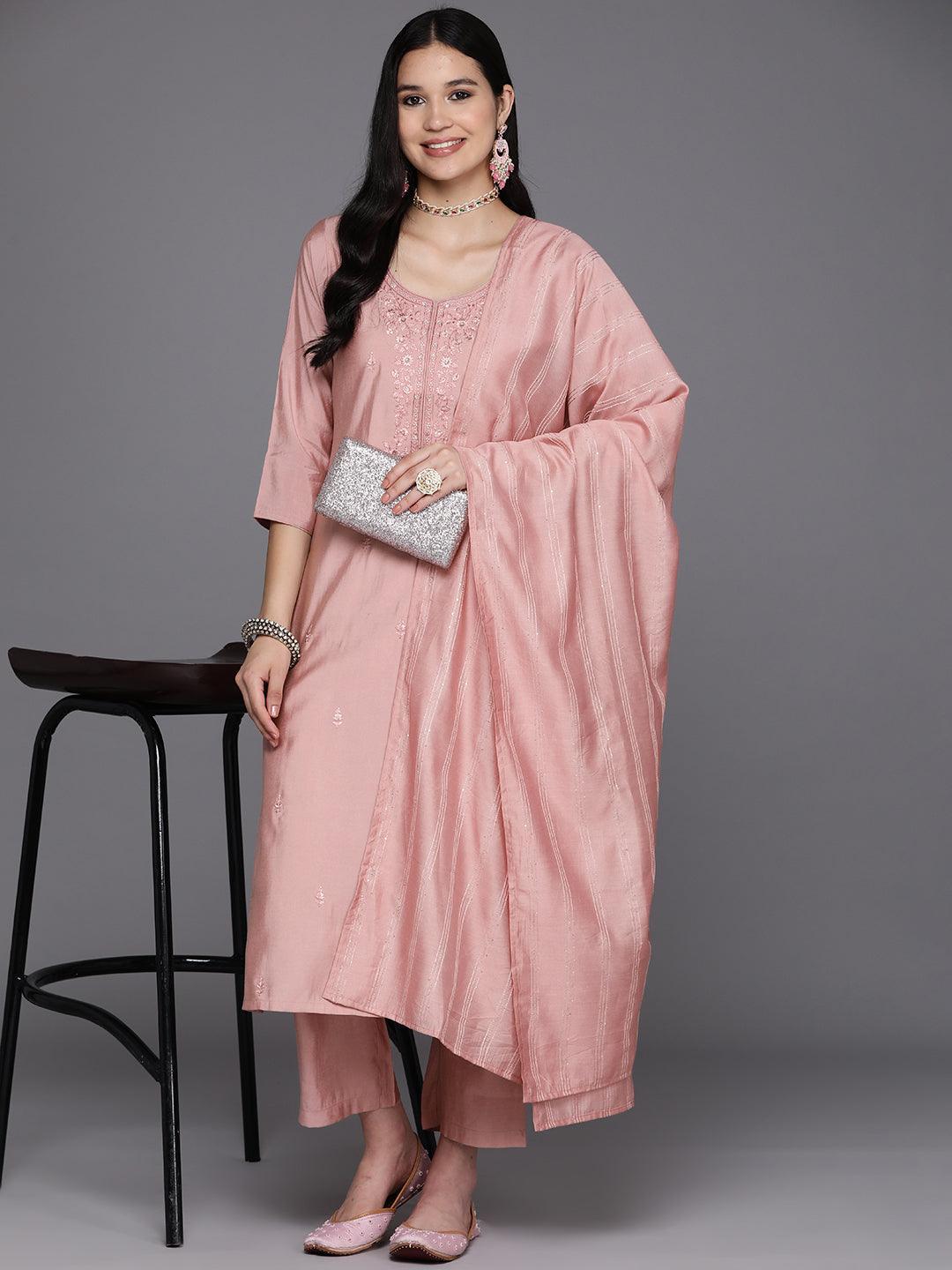 Pink Printed Silk Blend Straight Kurta With Trousers & Dupatta