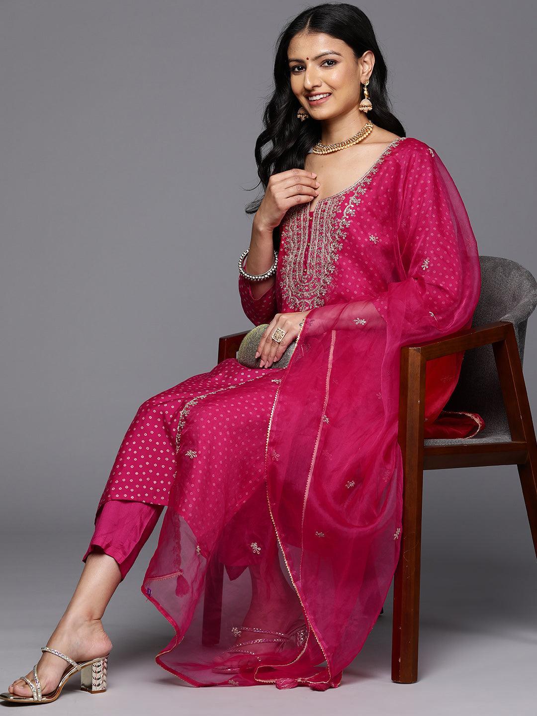 Pink Printed Silk Blend Straight Kurta With Trousers & Dupatta