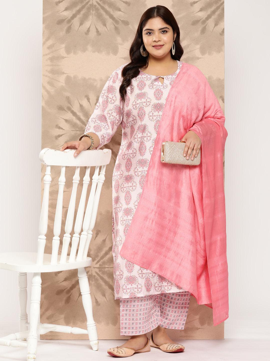 Pink Printed Silk Blend Straight Kurta With Trousers and Dupatta