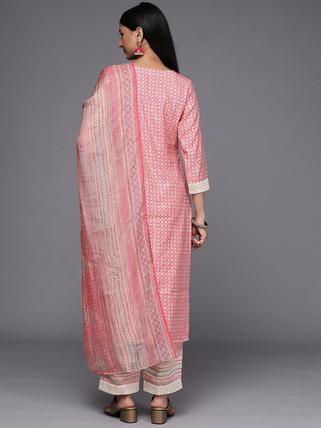 Pink Printed Silk Blend Straight Suit Set