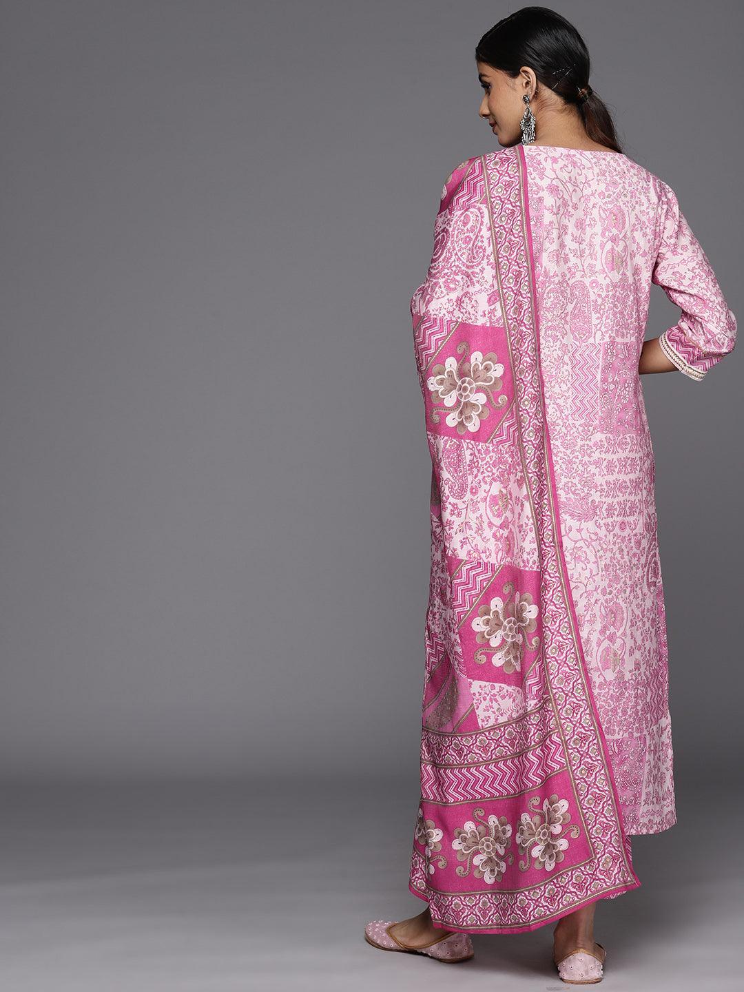 Pink Printed Silk Blend Straight Kurta With Trousers & Dupatta