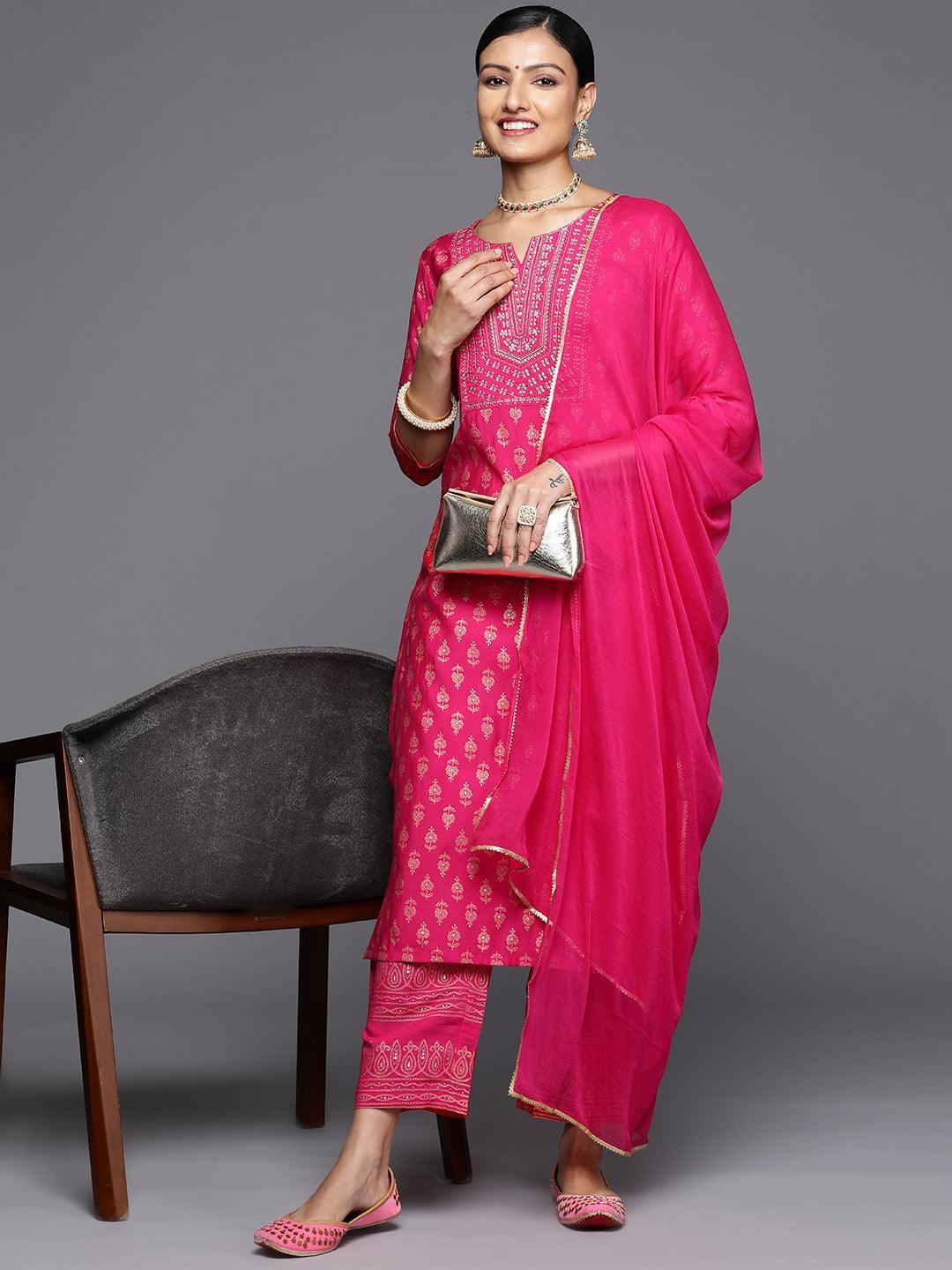 Pink Printed Silk Blend Straight Kurta With Trousers & Dupatta