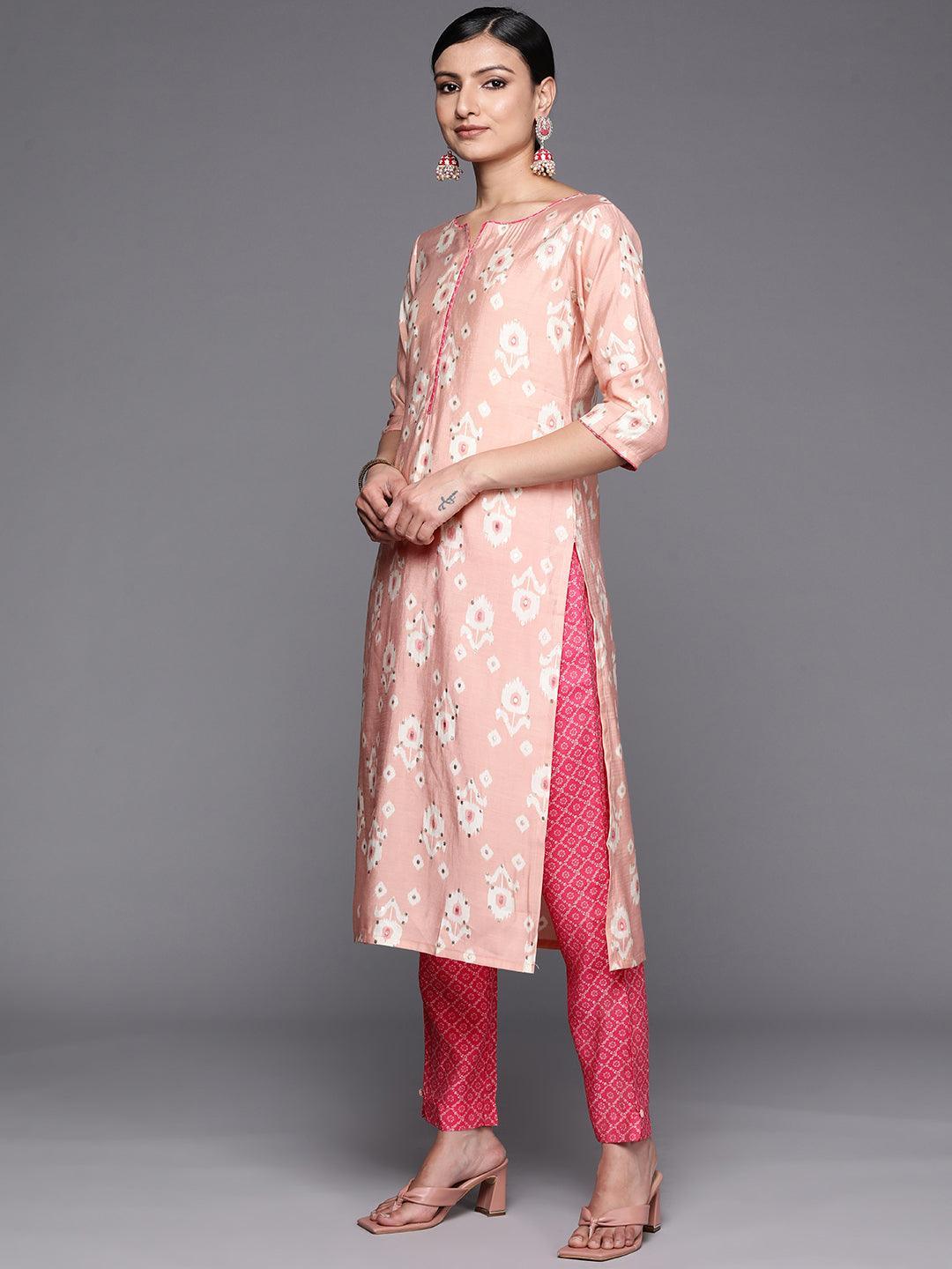 Pink Printed Silk Blend Straight Suit Set With Trousers