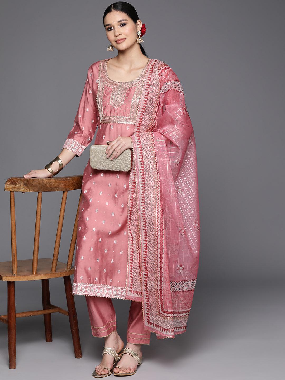 Pink Printed Silk Blend Straight Kurta With Trousers & Dupatta